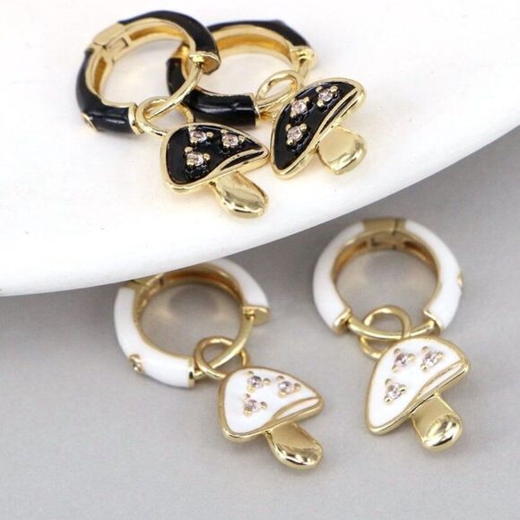 Gold Plated Rainbow Colored Enamel Mushroom Capped Huggie Hoop Festival Earrings - Picture 4 of 13